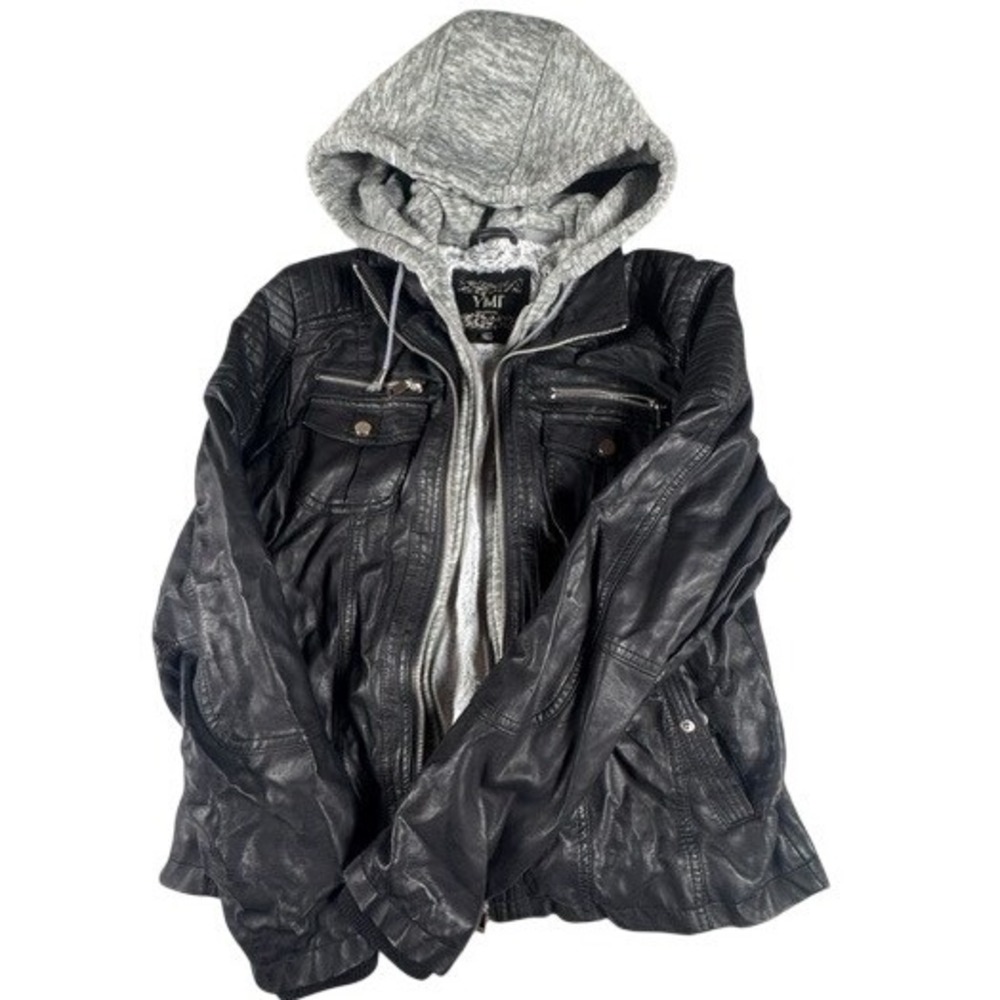 YMI Faux Leather‎ Jacket Womens XL Black Hoodie Layered Moto Biker Quilted Coat